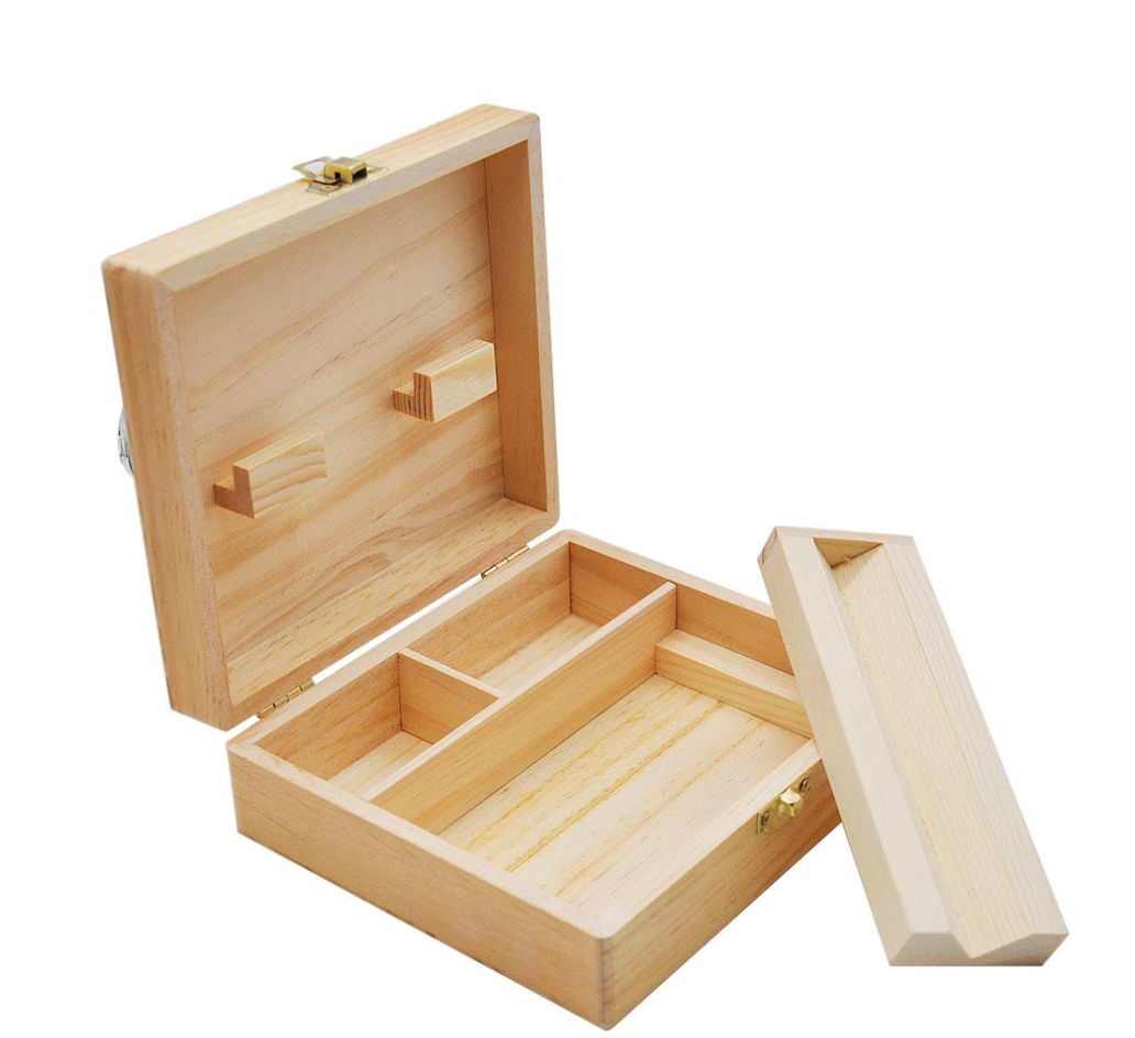 Natural Handmade Wood Tobacco Stash Box with Rolling Tray